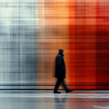 man walking down street wall behind canary wharf frozen time fading distance patterns orange line parallelism business products supplies away