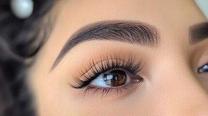 Close-Up of Beautiful Woman's Eye Highlighting Perfectly Defined Eyebrows and Luscious Eyelashes in Natural Light for Beauty and Makeup Inspiration