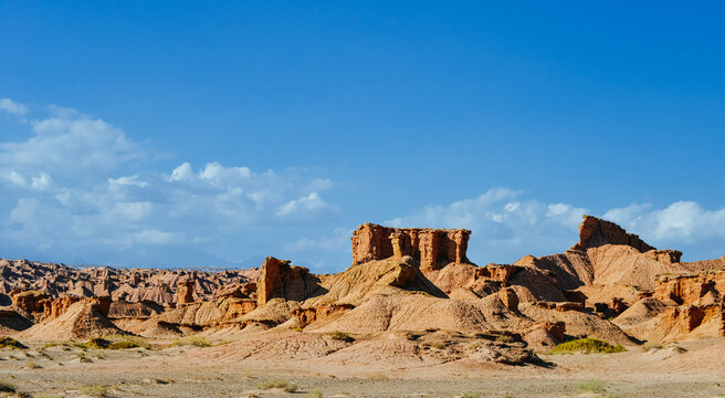 landscape of Kezier Ghost City at Baicheng County in autumn season against blue sky, Xinjiang, China
