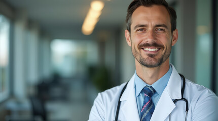 Fototapeta premium Professional Doctor Portrait in Modern Office Environment with Stethoscope - Ideal for Medical and Healthcare Content