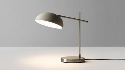 Minimalistic desk lamp with a dome-shaped shade and a sleek metal frame, emitting warm light on a neutral background, perfect for modern workspaces