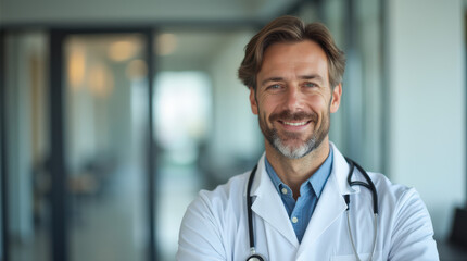 Professional Doctor Portrait in Modern Office Environment with Stethoscope - Ideal for Medical and Healthcare Content