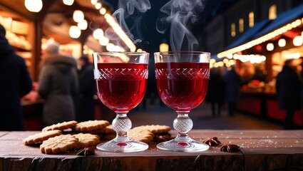 Two steaming glasses of mulled wine on a wooden table, surrounded by cookies and spices, with a blurred festive Christmas market in the background