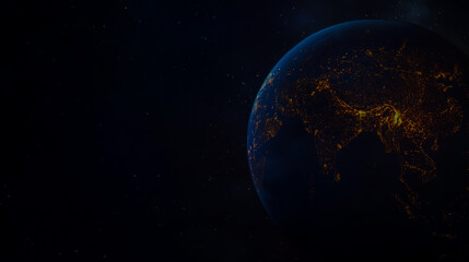 Obraz premium Digital illustration of a glowing Earth from space at night, showcasing South Asia illuminated by vibrant city lights and surrounded by celestial bodies.