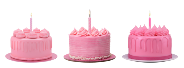 Three beautiful pink birthday cakes with candles, perfect for celebrations and special occasions.