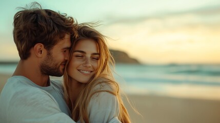 Obraz premium couple embracing beach sunset smiling fashion model face woman looks talented bust neck kissing together cutely single eternity