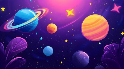Vibrant planets and stars with a cosmic background.