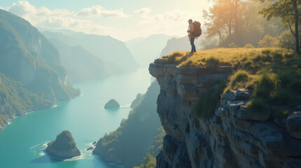 Obraz premium Adventurous Traveler on Cliff with Breathtaking Ocean and Mountain View - Scenic Hiking and Nature Photography