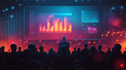 Press conference displaying statistics screen and audience silhouettes