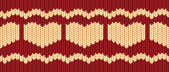 Vector horizontal knitting red wool background. Crocheted fabric winter sweater design texture for wallpaper, background, web page backdrop, wrapping paper. Nordic knitted pattern with hearts