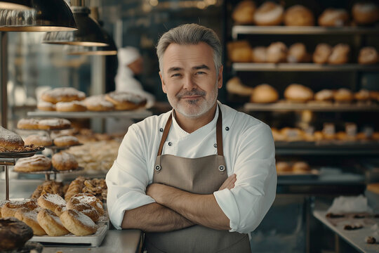 A male salesman in a bakery stands behind the counter and smiles. Profession seller, shopping concept. Advertising banner.