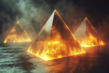 3D rendered glowing pyramid shapes