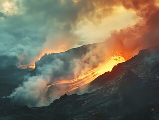 Dramatic scene of a volcano erupting with lava spewing from the crater, thick ash clouds, showcasing nature's raw power	