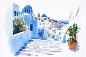 Artistic watercolor of Santorini. Watercolor of the famous city of Oia. Old famous mills. Romantic holidays and a nice souvenir. Oia, Santorini, Greece
