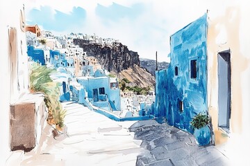 Artistic watercolor of Santorini. Watercolor of the famous city of Oia. Old famous mills. Romantic holidays and a nice souvenir. Oia, Santorini, Greece
