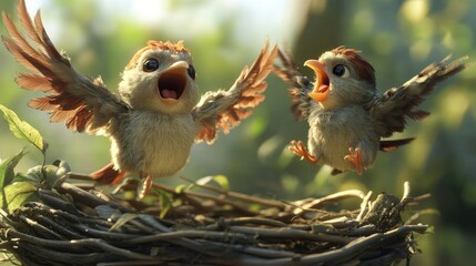 Obraz premium Cute Sparrow Chicks with Fluffy Feathers Sharing Joyful Moments in a Nest Surrounded by Lush Greenery in Soft Morning Light
