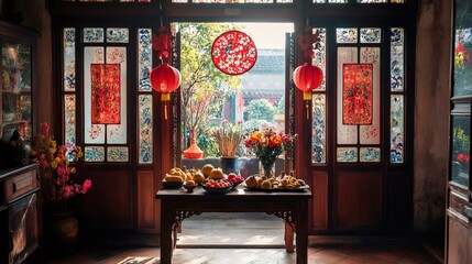 chinese new year decorations, house adorned for chinese new year with red couplets, paper cutouts, and a table honoring ancestors with fruit and incense