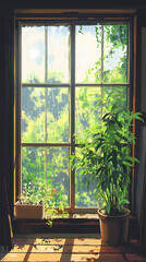 Anime Manga Illustration: Cozy Plant by the Window Nostalgic Art