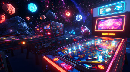 Cosmic pinball hall, antigravity ball trajectories, space suit high scores, asteroid field view, retrowave lighting