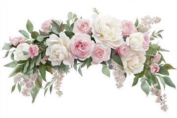 Bouquet of pink and white roses with green leaves and small flowers arranged in a floral arch. Watercolor floral illustration for wedding invitations and greeting cards