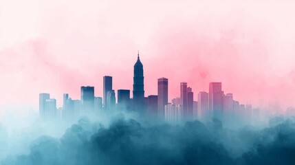 Watercolor City Skyline in Smog