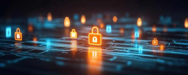 Privacy risk warning, virtual data leak visualization, glowing lock icons, dark background, secure atmosphere