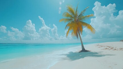 Obraz premium A lone palm tree stands on a pristine white sand beach with turquoise water and a bright blue sky.