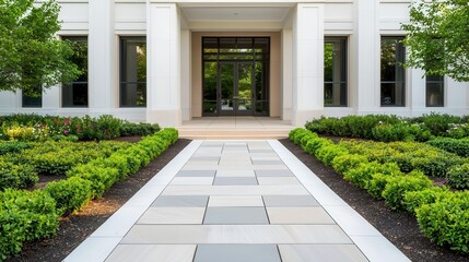 Obraz premium Office building surrounded by a serene garden, featuring sculpted shrubs and elegant stone pathways for a refined look