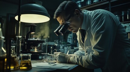 A scientist examines samples in a laboratory, focused on research and experimentation.
