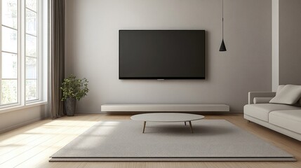 Modern Minimalist Living Room Interior with Large Flat Screen TV, Elegant Coffee Table on Soft Carpet, Bright Natural Light from Big Windows, and Simple Green Plant Decoration