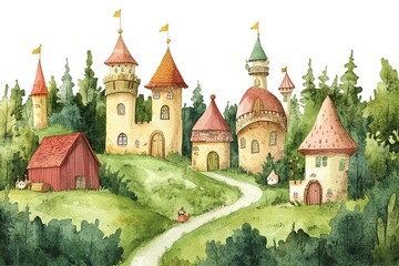 Fototapeta premium Soft watercolor seamless vector pattern with castles and trees. Enchanting pattern of whimsical castles nestled amidst soft, pastel-colored trees. Dreamy quality of the fairy tale design 