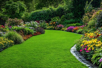 A peaceful garden filled with blooming flowers and greenery. Great for relaxation and nature themes.