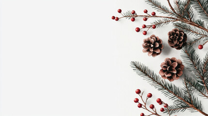 Festive pinecones and red berries create cheerful holiday atmosphere