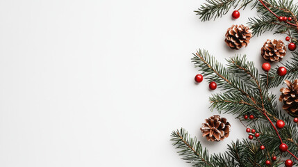 Festive pine branches with pine cones and red berries create cheerful holiday atmosphere