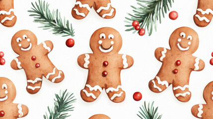Gingerbread men with festive decorations and pine branches create cheerful holiday scene