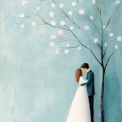 couple standing under tree white flowers kisses wordless spells ceramic tiles corner room snow pastel blue few scars wedding sales