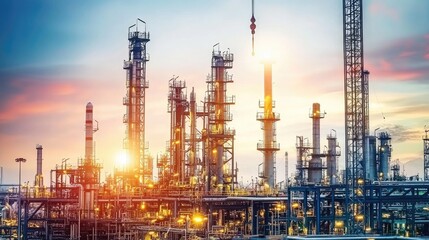 Sunset View of Industrial Oil Refinery with Towering Structures and Cranes Illuminated by Orange and Blue Sky in an Urban Setting