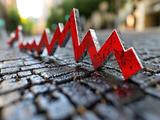 A 3D red zigzag graph line on a cobblestone street, symbolizing market fluctuations or downward trends.