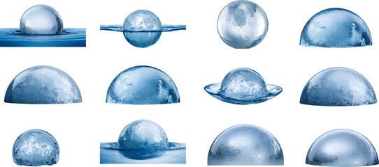 Fototapeta premium Collection of Transparent Spheres Floating on Water with Various Perspectives and Reflections Capturing Light and Texture in a Serene Aquatic Environment