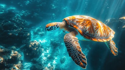 Fototapeta premium A vibrant sea turtle swimming gracefully in clear ocean waters.