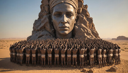 Fototapeta premium A group of people stand in a desert facing a large sculpture of a woman's head
