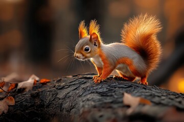 Fototapeta premium A cute red squirrel with a fluffy tail stands on a tree branch in the forest.