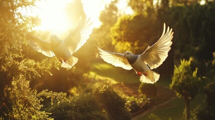 Two graceful birds in flight illuminated by golden sunlight, capturing a serene moment in nature with lush greenery in the background and a picturesque landscape.