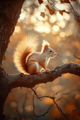 Fototapeta premium A fluffy squirrel perched on a tree branch, bathed in the warm glow of the setting sun.