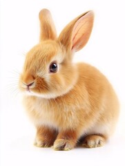 Obraz premium Adorable fluffy golden rabbit sitting on a white background, showcasing its soft fur and gentle expression, perfect for animal lovers and nature enthusiasts.
