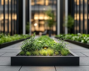 Outdoor meeting space at a modern office, surrounded by an elegant garden with soft lighting and sleek planters