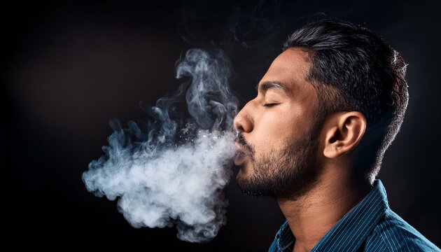 A portrait of a man exhaling or blowing smoke out of the mouth and nose; a vaper or smoker is blowing smoke or vapor out of the mouth; vape coming out of the mouth; smoke coming out of the mouth; vape
