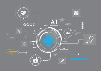 Futuristic healthcare AI concept background. Medical icon like DNA, heart, stethoscope and first aid kit on gray symbolizing digital health, medical innovation, technology integration in healthcare