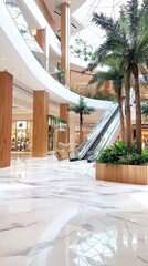 Obraz premium Modern Shopping Mall Interior with Escalator and Palm Trees.