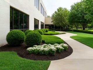 Obraz premium Office building surrounded by an elegant garden, featuring wellmaintained trees and minimalist flowerbeds